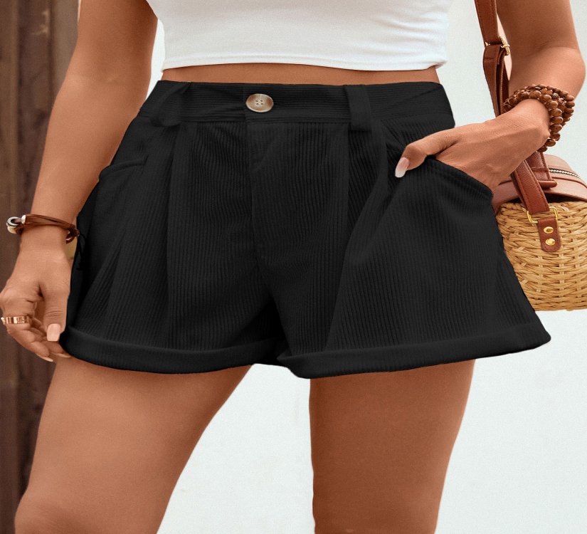 Pocket Black Button Fly High Waisted Shorts