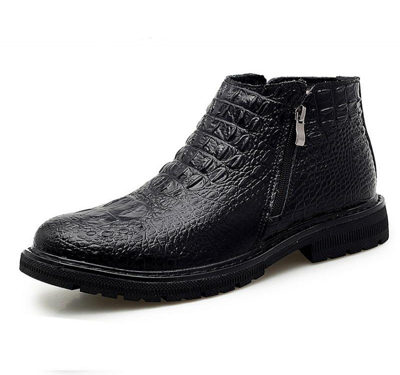 New Crocodile Pattern Men Ankle Boots Winter Zipper Genuine Leather Men's Shoes Soft Casual Keep Warm Snow Boots Man Flats