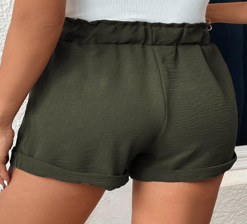 Pocket Green Belted Regular Elastic Waist Shorts