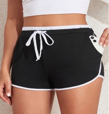 Contrast Binding Black Regular Drawastring High Waisted Shorts