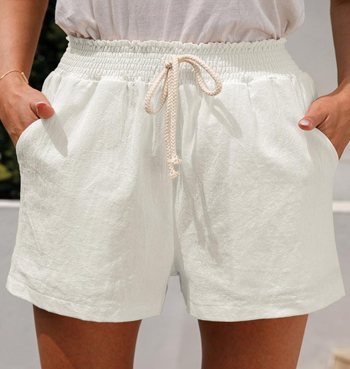 Pocket White Regular Elastic Waist High Waisted Shorts