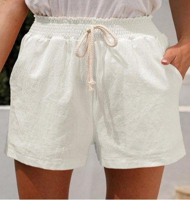 Pocket White Regular Elastic Waist High Waisted Shorts