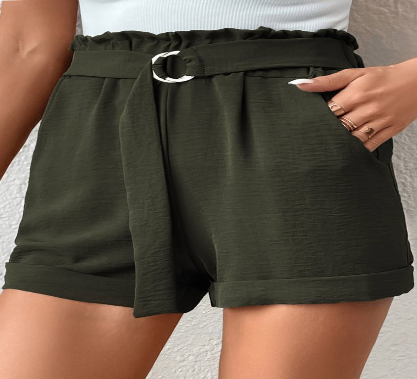 Pocket Green Belted Regular Elastic Waist Shorts