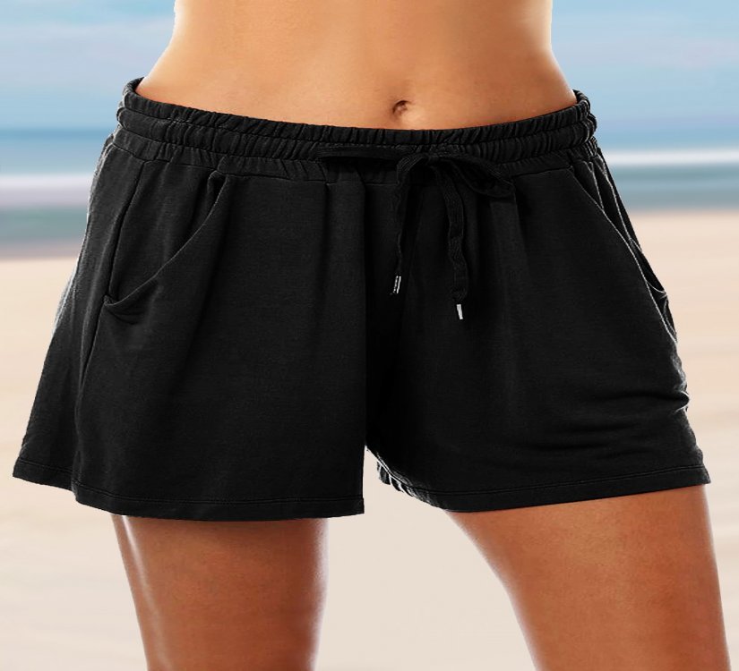 Black Mid Waist Drawstring Detail Loose Shorts