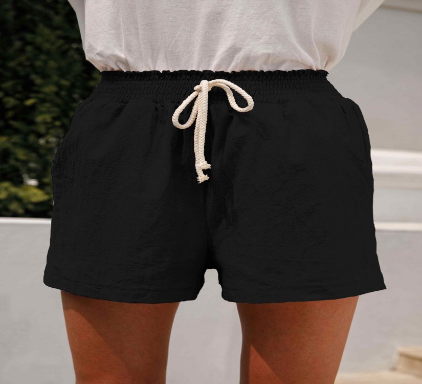 Pocket Black Regular Elastic Waist High Waisted Shorts