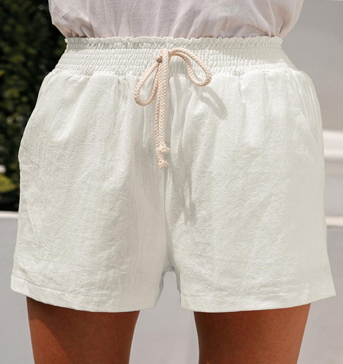 Pocket White Regular Elastic Waist High Waisted Shorts