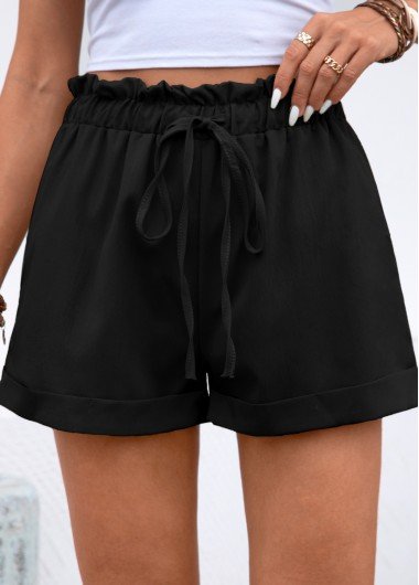 Drawstring Black Regular Elastic Waist High Waisted Shorts