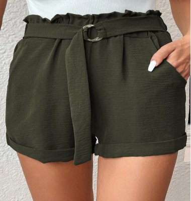 Pocket Green Belted Regular Elastic Waist Shorts