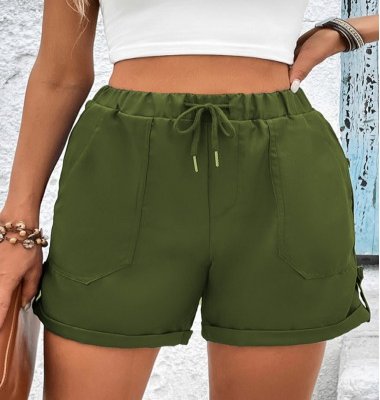 Pocket Olive Green Drawastring High Waisted Shorts