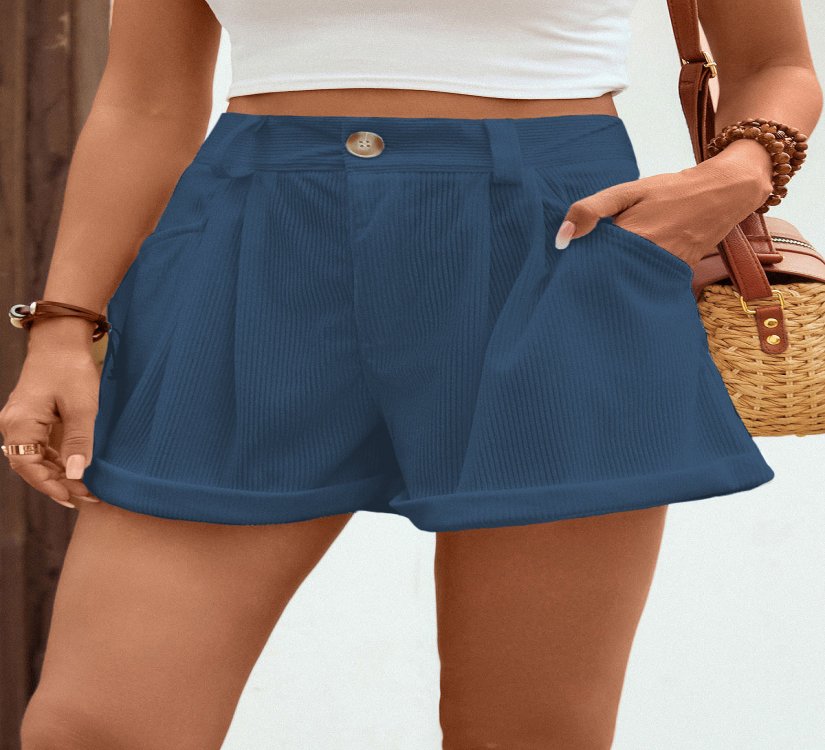 Pocket Blue Button Fly High Waisted Shorts