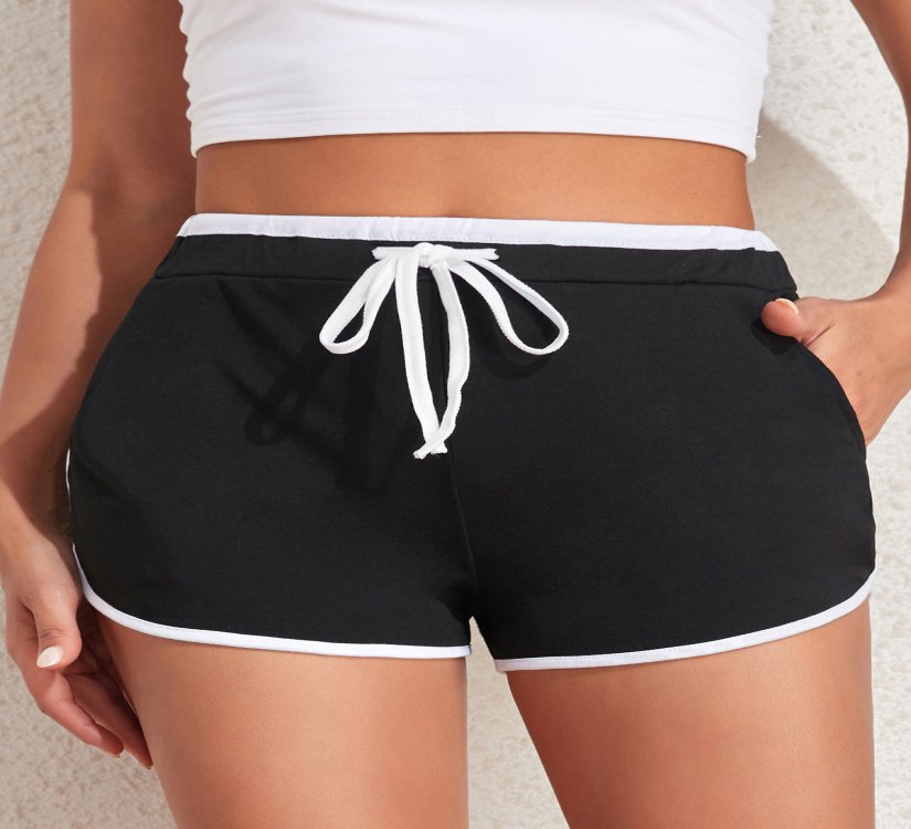 Contrast Binding Black Regular Drawastring High Waisted Shorts